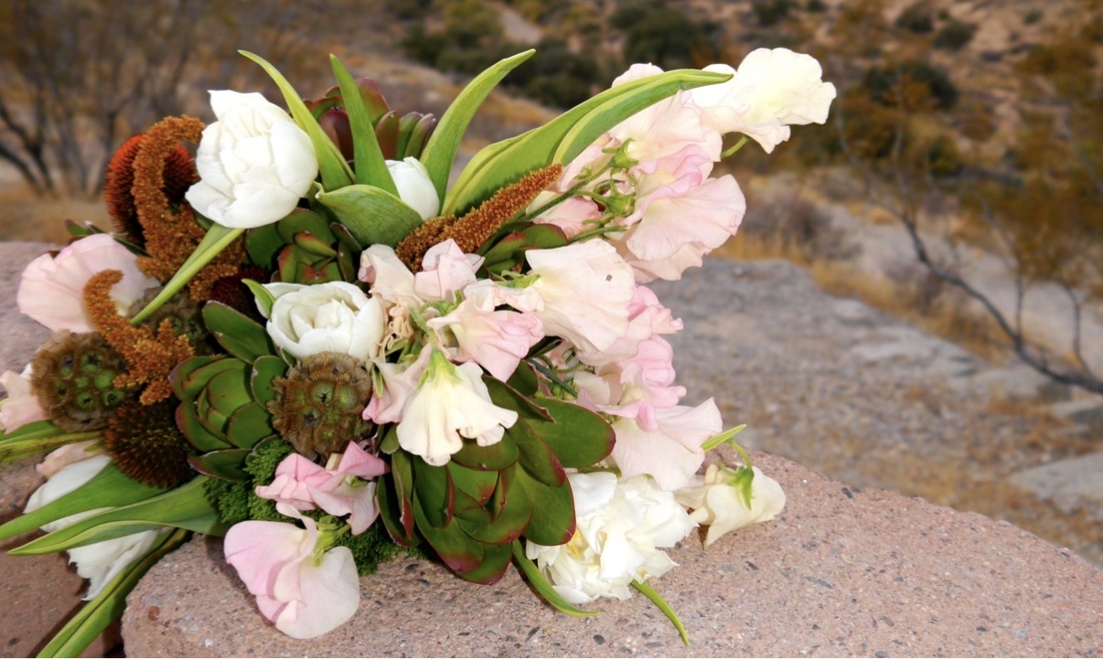Organic blush, cream, rust, and green botanical floral arrangement photographed in a desert landscape