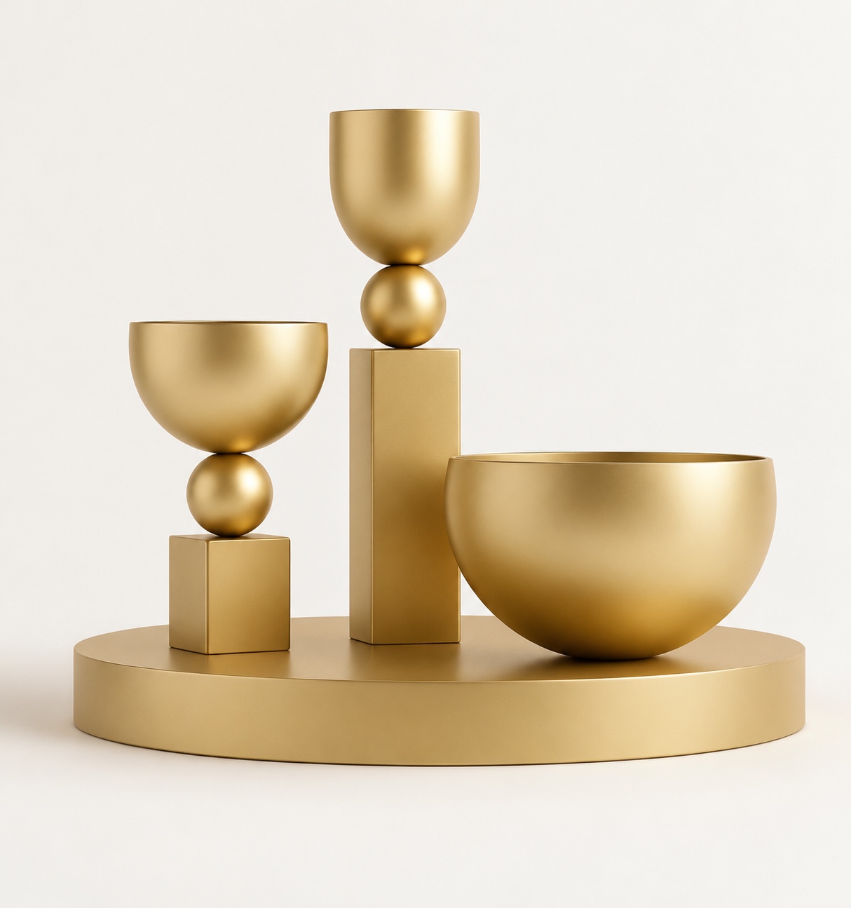 Three sculptural gold vessel forms on a low oval platform, shown as a realistic digital rendering