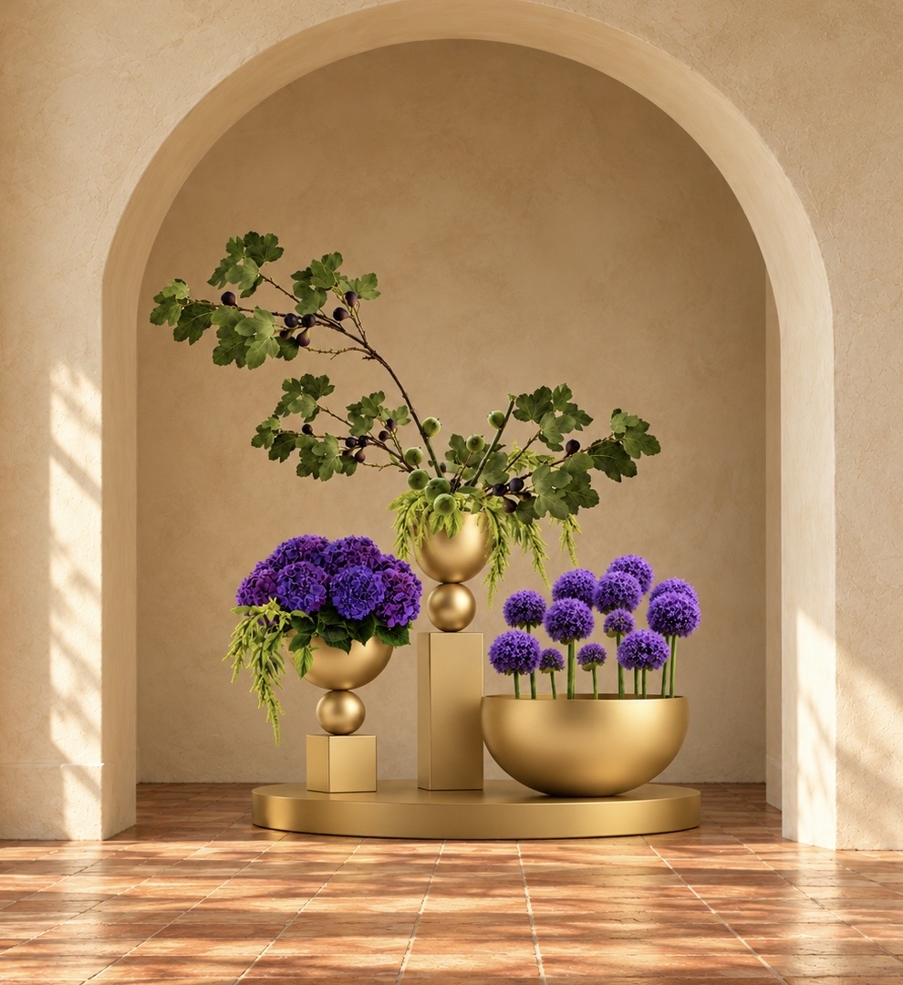 Completed gold vessel and purple floral concept displayed within a warm terracotta-tiled hacienda arch
