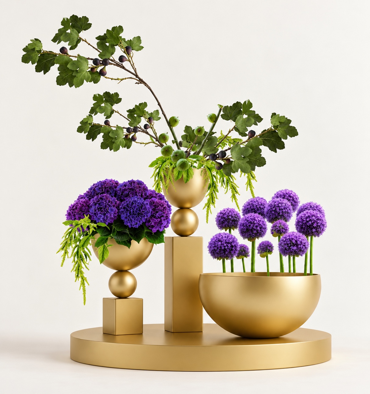 The same gold vessels digitally styled with purple flowers, leafy fig branches, and flowing green accents