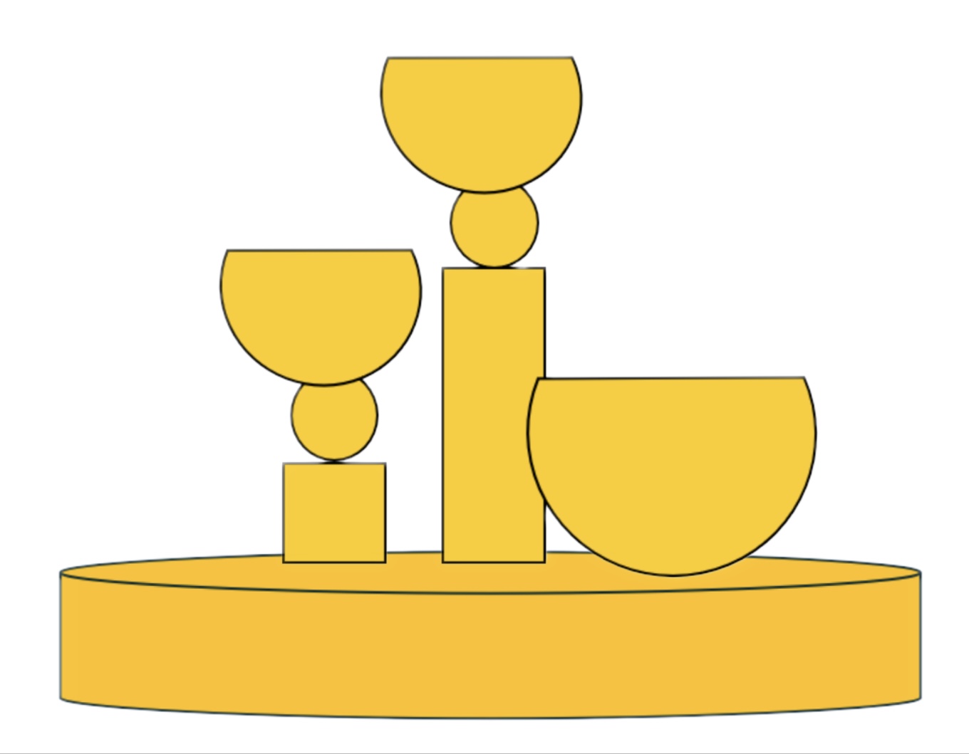 Bright yellow concept diagram depicting geometric vessel and display forms on an oval base