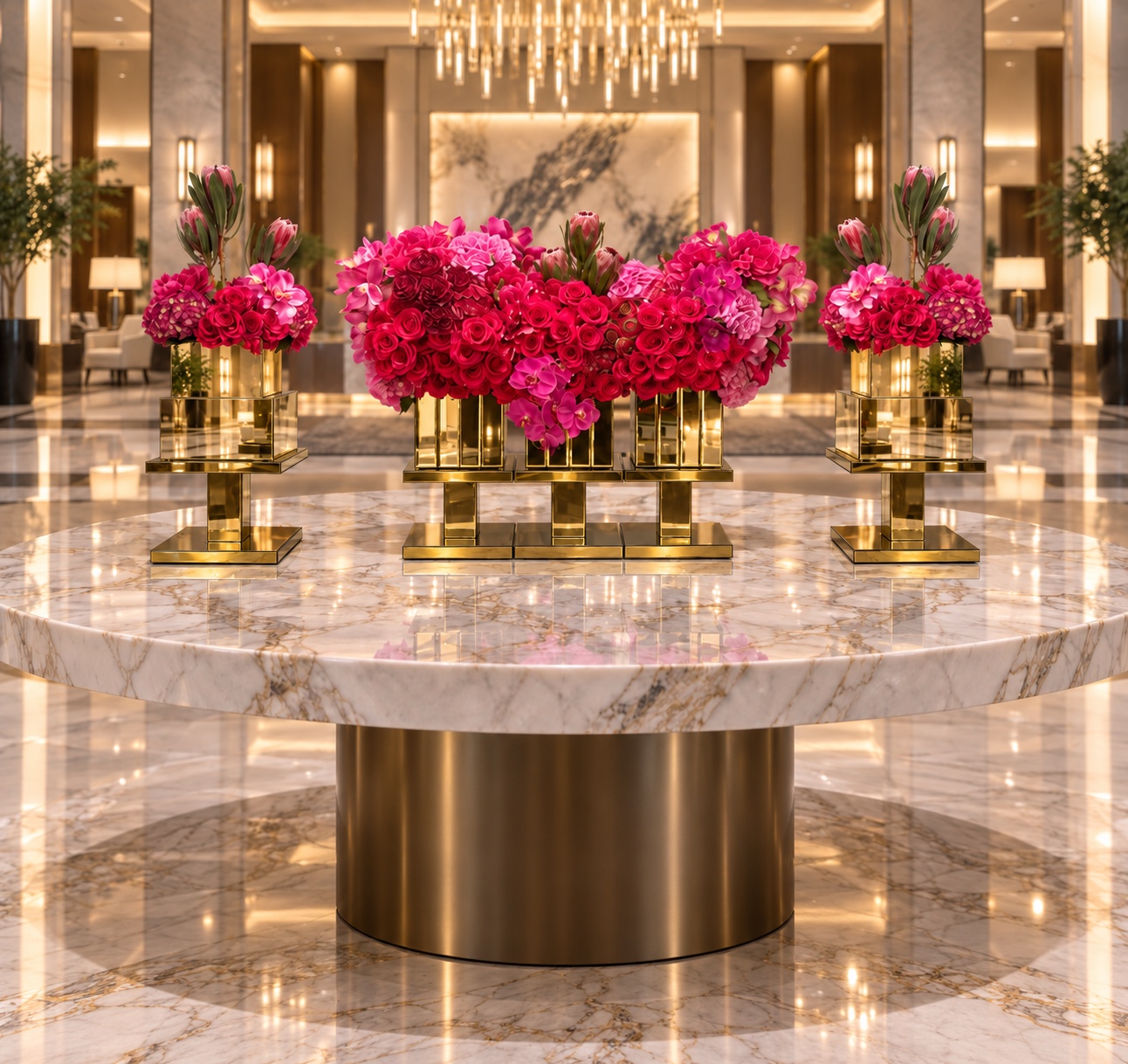 Fuchsia, pink, and magenta roses with orchids arranged in architectural gold vessels
