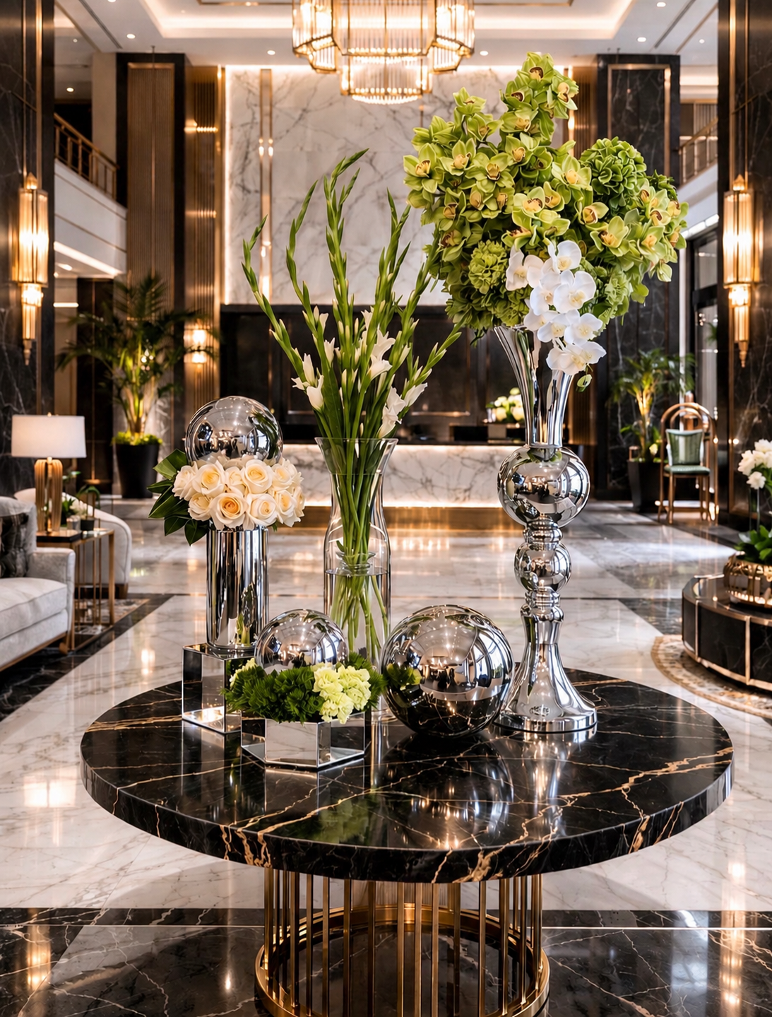 Contemporary black marble and chrome display with green cymbidium orchids, white orchids, white flowers, and reflective silver spheres