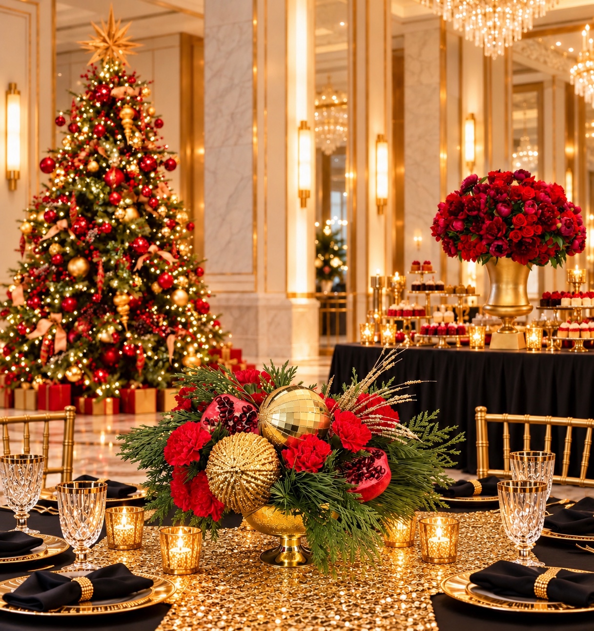 Red and gold holiday tablescape with decorated Christmas tree and rich red floral arrangements