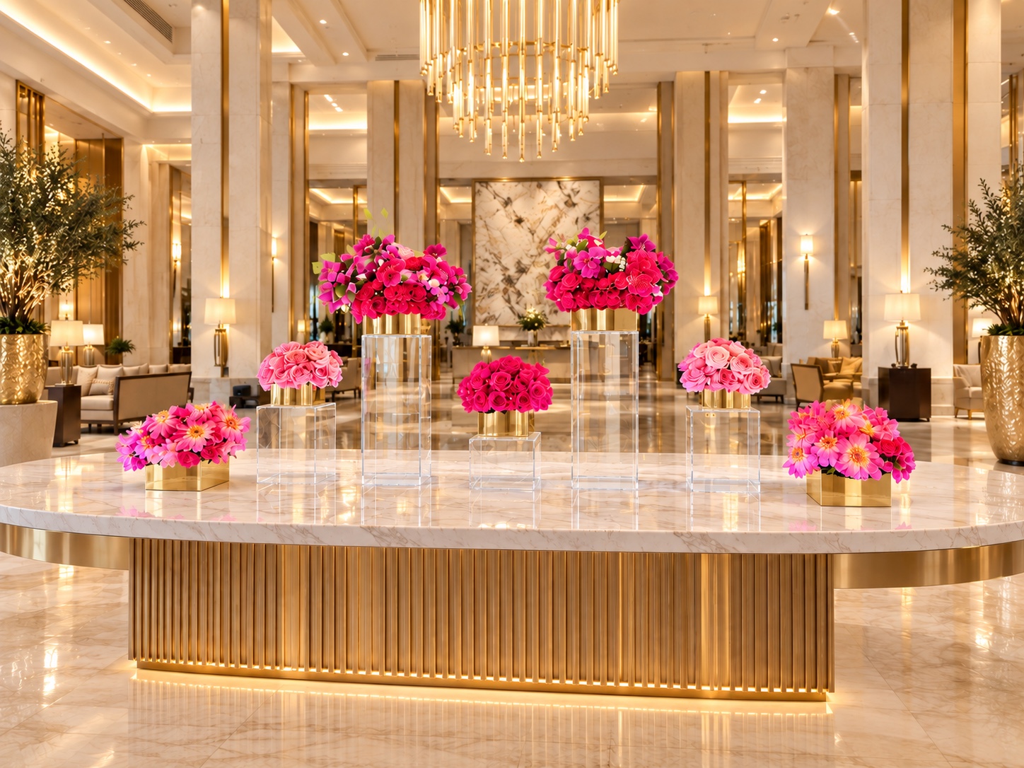 Seven vibrant pink floral groupings on clear architectural risers across a marble lobby table