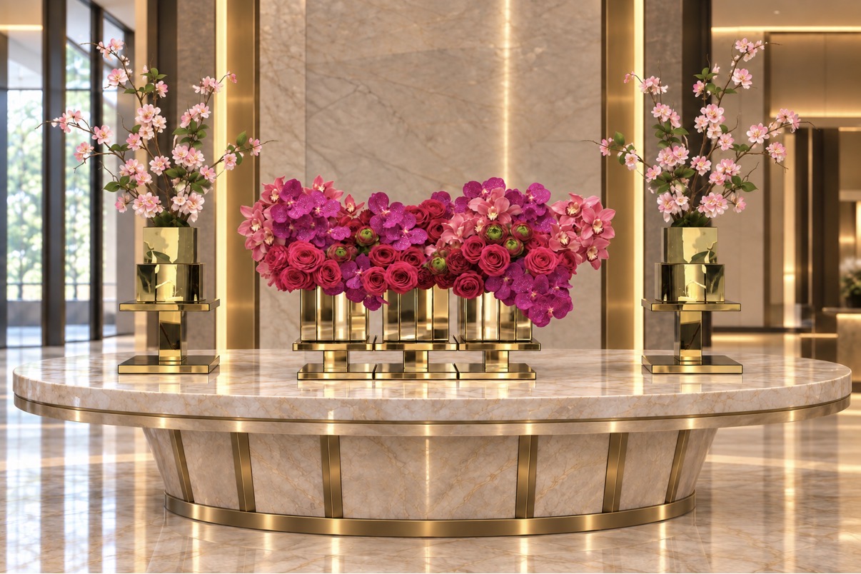 Pink and fuchsia floral installation in gold vessels on a marble display table within an elegant interior