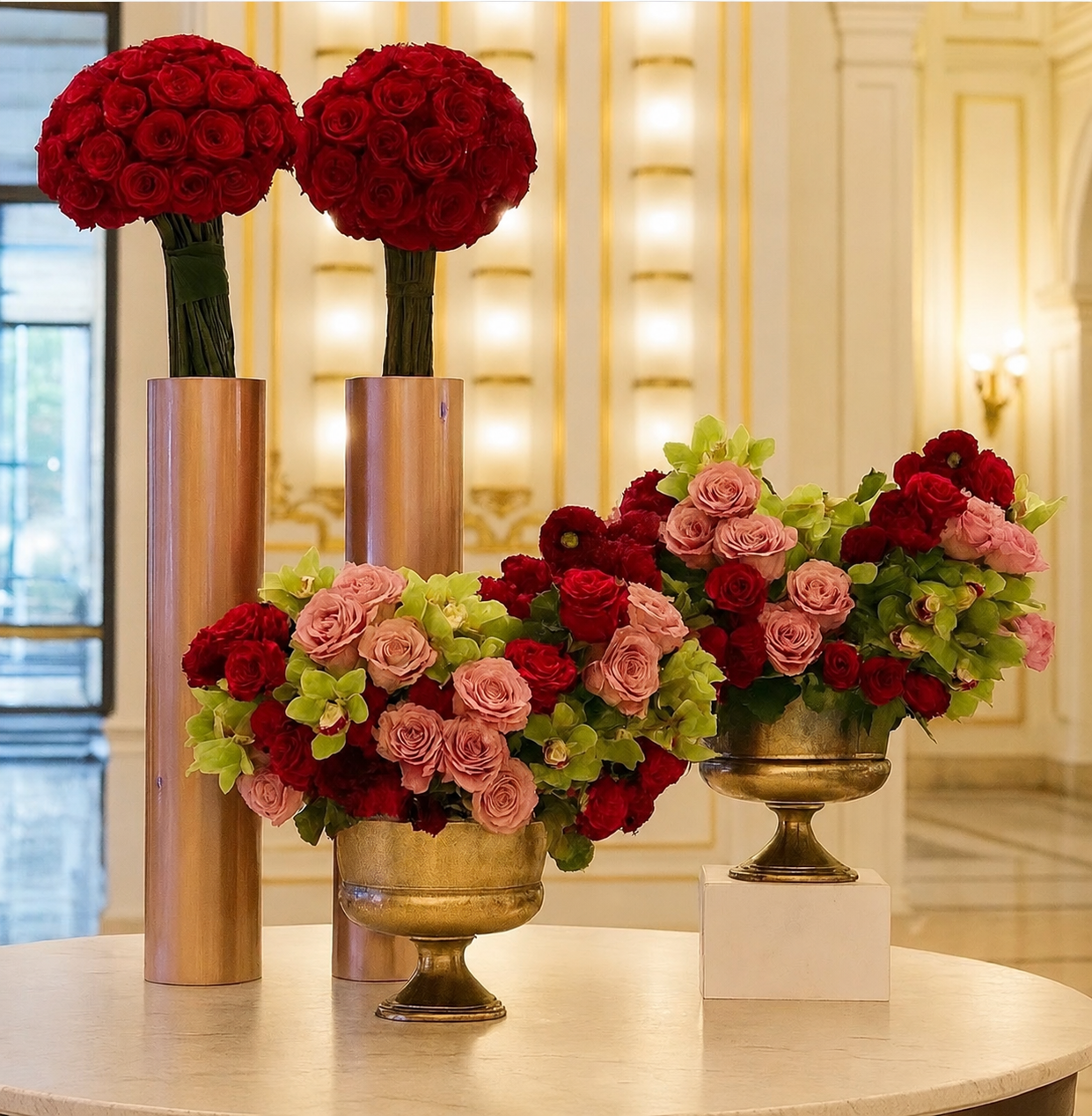 Two tall red rose spheres in bronze cylindrical vessels beside layered blush roses, burgundy flowers, and green orchids
