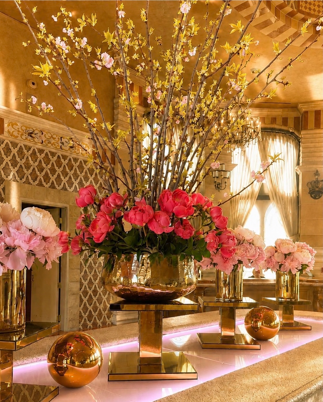 Tall spring blossom branches rising from pink peonies in reflective gold vessels, with coordinating side arrangements