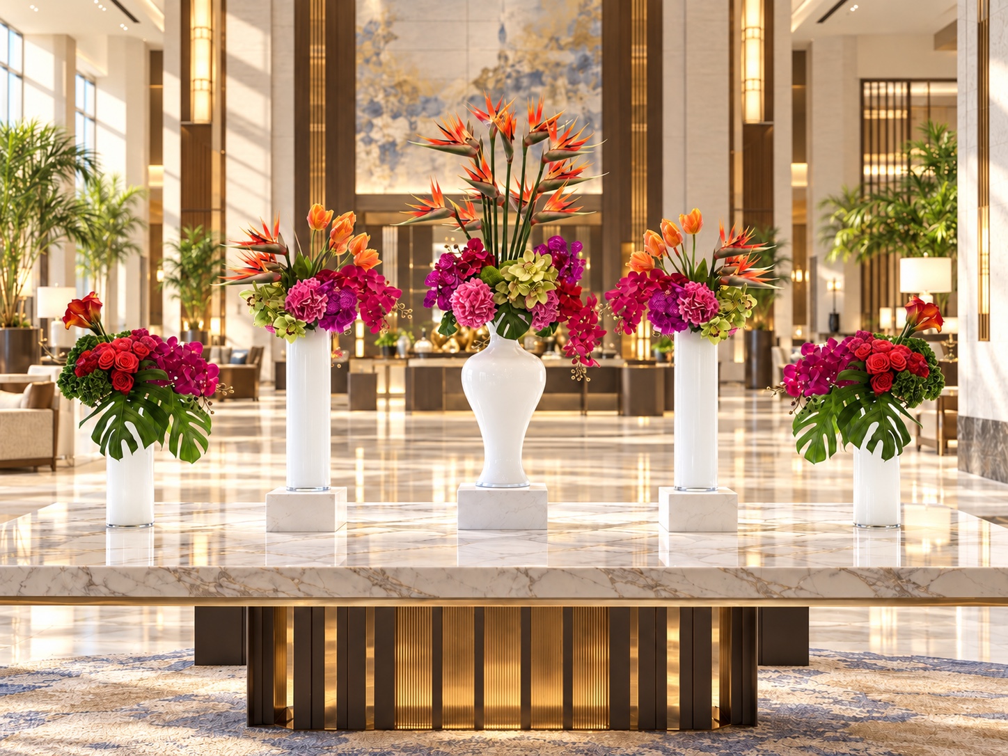 Five-vase composition of birds-of-paradise, orange tulips, green foliage, and magenta tropical flowers