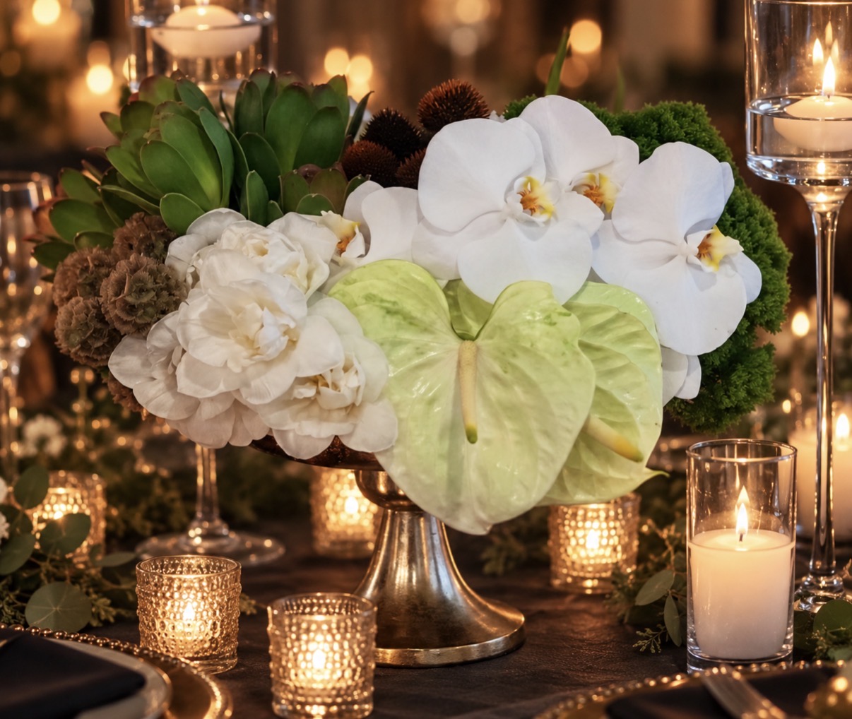 White orchids and garden roses with soft green anthuriums and succulents, styled among warm candlelight at an event table